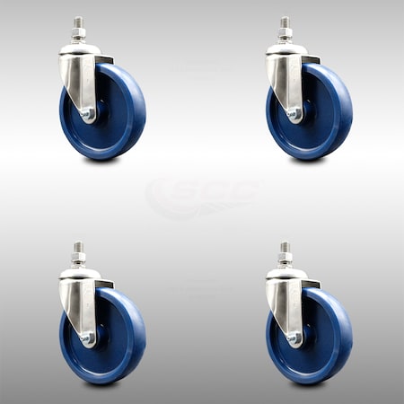 Service Caster 5 Inch 316SS Solid Polyurethane Wheel Swivel 12mm Threaded Stem Caster Set SCC-SS316TS20S514-SPUS-M1215-4
